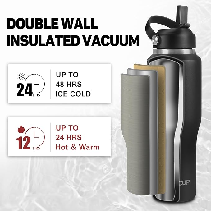 ABOTOCUP 32oz Black Water Bottle Stainless Steel, Keep Cold 24H&Hot 12H - Image 3