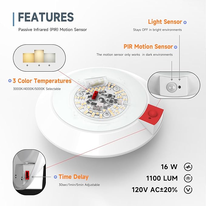 ECOELER 6Inch LED Motion Sensor Ceiling Light, 16W 1000Lm, 3CCT Selectable - Image 2