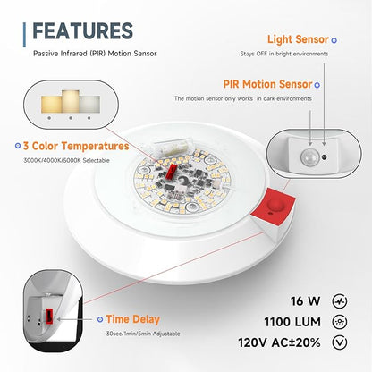 ECOELER 6Inch LED Motion Sensor Ceiling Light, 16W 1000Lm, 3CCT Selectable - Image 2
