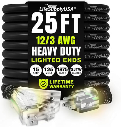 25ft Outdoor/Indoor Extension Cord 3-Outlet 12/3 Gauge Extra Heavy Duty 3 Prong by LifeSupplyUSA