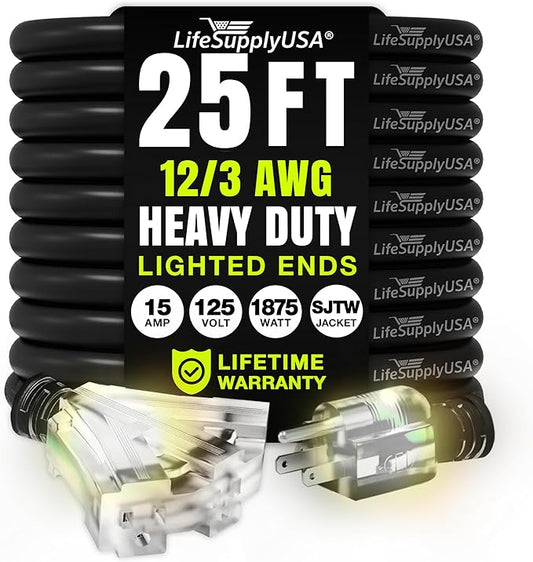 25ft Outdoor/Indoor Extension Cord 3-Outlet 12/3 Gauge Extra Heavy Duty 3 Prong by LifeSupplyUSA