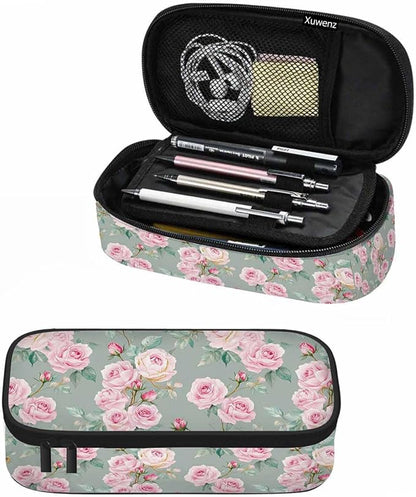 Pink Blooming Flower Pencil Holder Bag Roses Peonies Bouquets Leaves Garden by Unknown