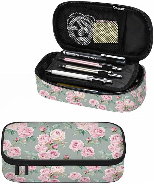 Pink Blooming Flower Pencil Holder Bag Roses Peonies Bouquets Leaves Garden by Unknown