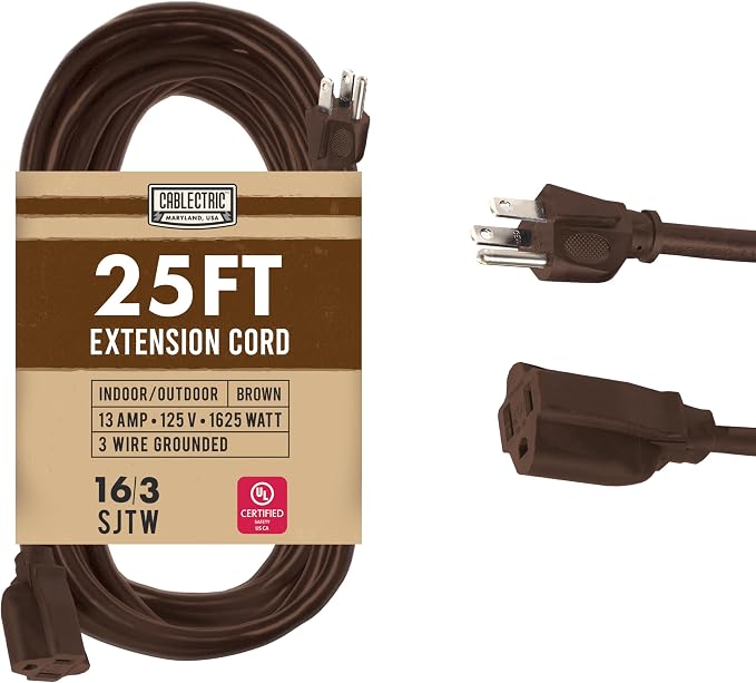 Brown Outdoor Extension Cord 25 ft, 16/3 Heavy Duty Cable by Cablectric
