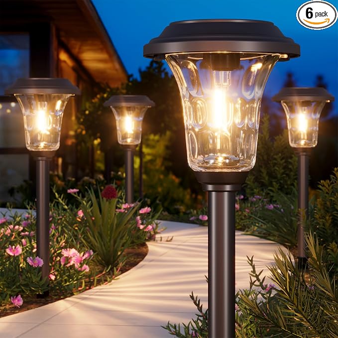 XMCOSY+ Solar Lights Outdoor Waterproof, 6 Pack Metal Glass Solar Pathway Lights by XMcosy