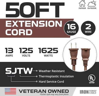 Iron Forge Cable 2 Prong Outdoor Extension Cord 50 ft, 16/2 SJTW 50 Foot Brown - Image 2