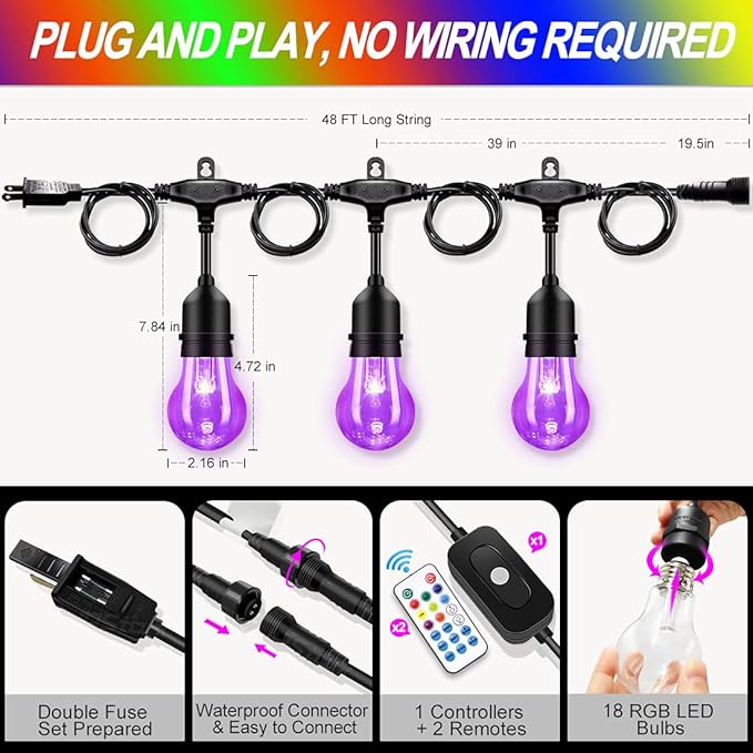 48FT Outdoor RGB String Lights, 16 Shatterproof Edison Bulbs, Dimmable Color - Image 6