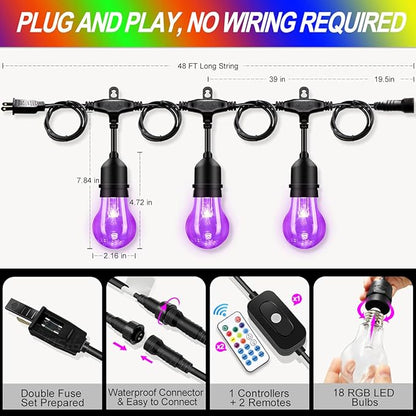 48FT Outdoor RGB String Lights, 16 Shatterproof Edison Bulbs, Dimmable Color - Image 6