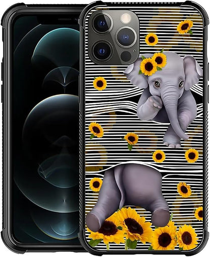 for iPhone 11 Pro Case, Cute Little Elephant Sunflower White Line Art Pattern by FKBRCL4U