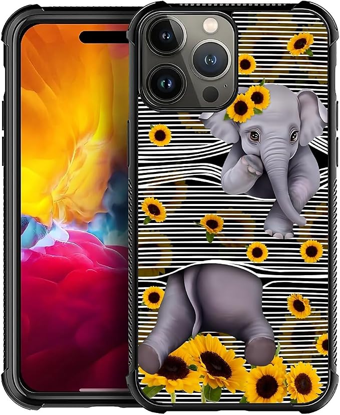 for iPhone 15 Pro Case, Cute Little Elephant Sunflower White Line Art Pattern by FKBRCL4U