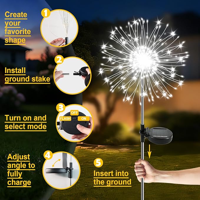 Solar Garden Lights Outdoor, 4 Pack 120 LED Twinkling Firework Lights Decorative - Image 6