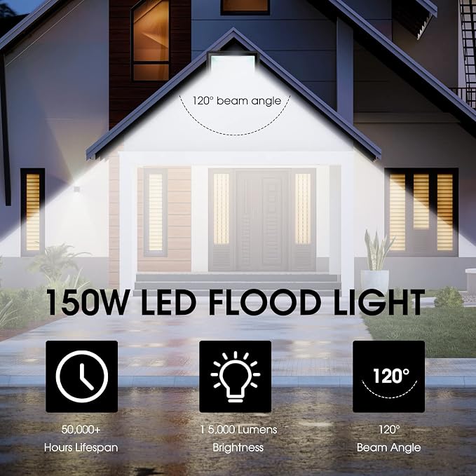XYCN 150W LED Flood Light Outdoor, 2 Pack 15500LM Super Bright Security Light - Image 5