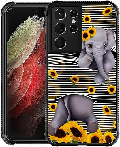 for Samsung Galaxy S21 Ultra Case, Cute Little Elephant Sunflower White Line by FKBRCL4U