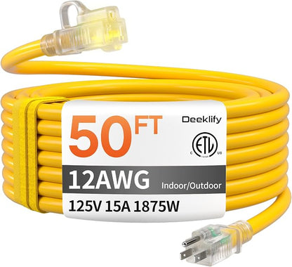 12 Gauge 50 FT Heavy Duty Outdoor Extension Cord Waterproof by Deeklify