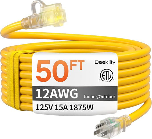 12 Gauge 50 FT Heavy Duty Outdoor Extension Cord Waterproof by Deeklify