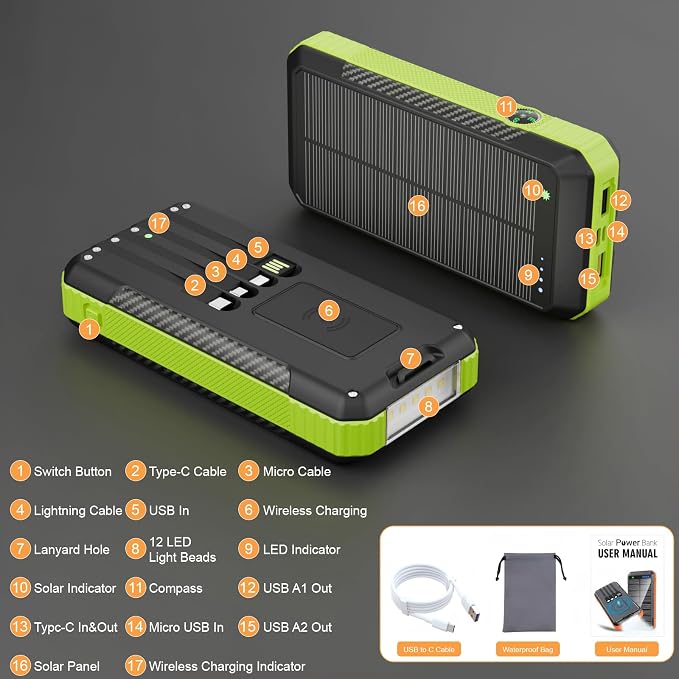 Solar Power Bank 33800mAh with Super Bright LED Flashlight, Built-in 4 Cables & - Image 6