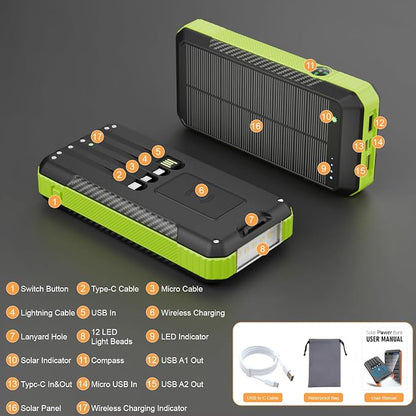 Solar Power Bank 33800mAh with Super Bright LED Flashlight, Built-in 4 Cables & - Image 6