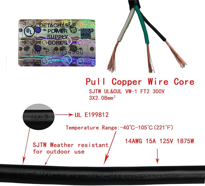 10Feet Outdoor Extension Cord, 105℃ Temperature Resistant 15Amp Big Plug - Image 4