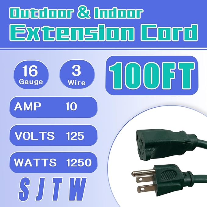 Indoor Outdoor Extension Cord 100 FT, 16/3 SJTW Weatherproof Green Electrical - Image 2