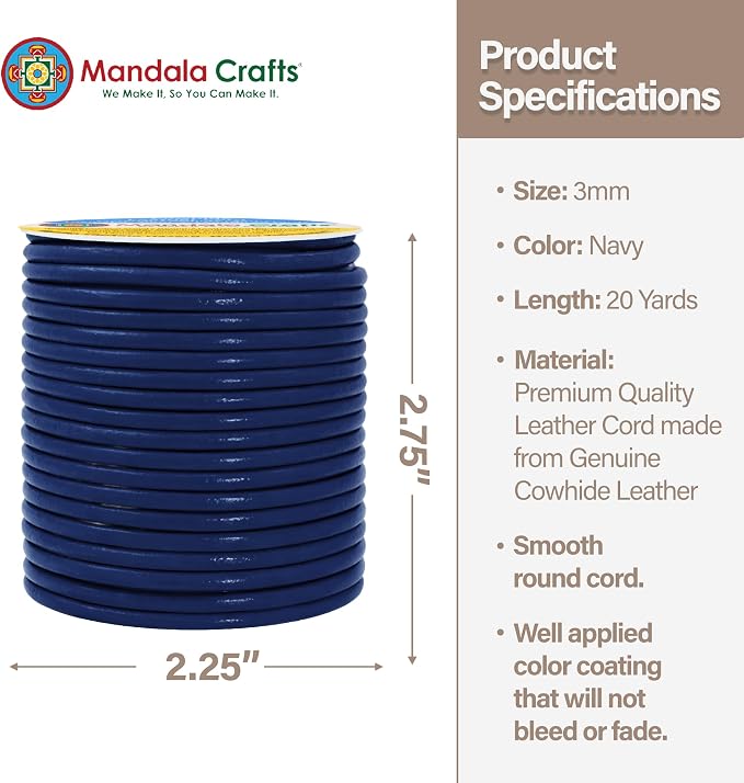 Mandala Crafts Round Genuine Navy Blue Leather Cord - Image 2