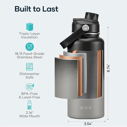 BUZIO 32 oz Water Bottle Insulated, Leakproof Stainless Steel Flask, Wide Mouth - Image 4