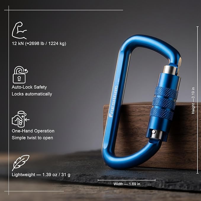 FresKaro 3inch 12kN-2698lbs Auto Locking Carabiner Clips, Solid D Shape - Image 2