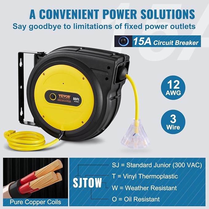 VEVOR 80FT Retractable Extension Cord Reel, 12AWG/3C SJTOW Heavy Duty Power - Image 4