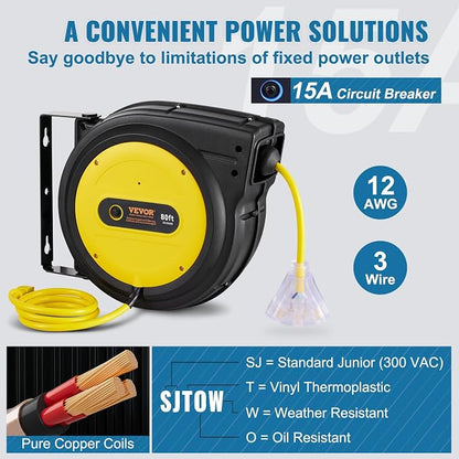 VEVOR 80FT Retractable Extension Cord Reel, 12AWG/3C SJTOW Heavy Duty Power - Image 4