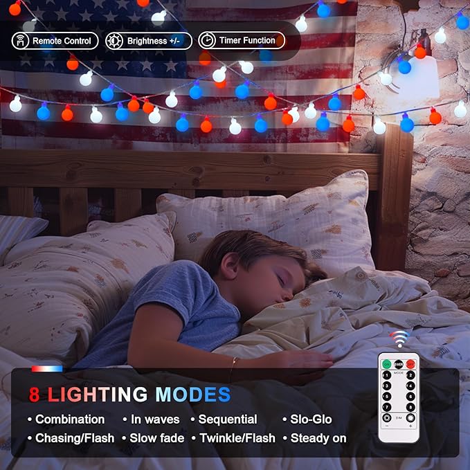 JMEXSUSS Red White and Blue Lights Battery Operated, 33ft 4th of July Lights - Image 3