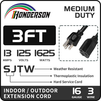 Extension Cord, UL Certified, 16 Gauge 3FT Black 3 Prong Heavy Duty, 16/3 SJTW - Image 2