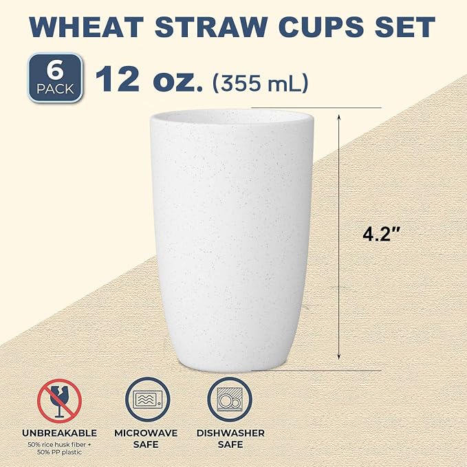 Wrova Wheat Straw Cups Set of 6 Good Alternative to Plastic Cups Reusable 12 oz - Image 2