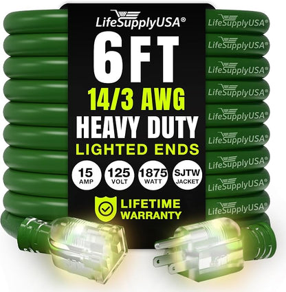6ft Outdoor/Indoor Extension Cord 14/3 Gauge Heavy Duty 3 Prong SJTW, Waterproof by LifeSupplyUSA