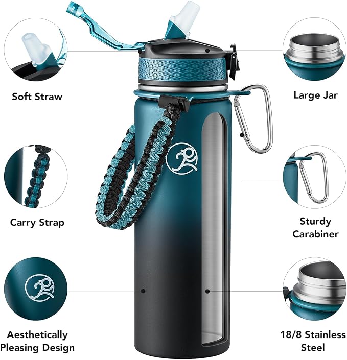 GOSWAG Insulated Sports Water Bottle, 24oz 2 Lids, Stainless Steel Water Bottles - Image 3