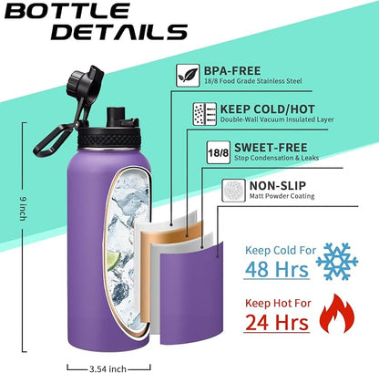 32 oz Water Bottles with Straw & Spout Lid, Paracord Handle & Strap, Double - Image 4