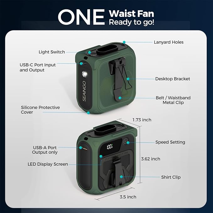SEAINGO Portable Waist Fan Rechargeable – 10000mAh, 42 ft/s Max, 5 Speeds - Image 8