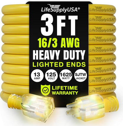 3ft Outdoor/Indoor Extension Cord 16/3 Gauge Heavy Duty 3 Prong SJTW, Waterproof by LifeSupplyUSA