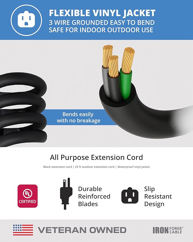 Iron Forge Cable 25 Ft Black Extension Cord, 25 Foot Extension Cord, 3 Prong - Image 6