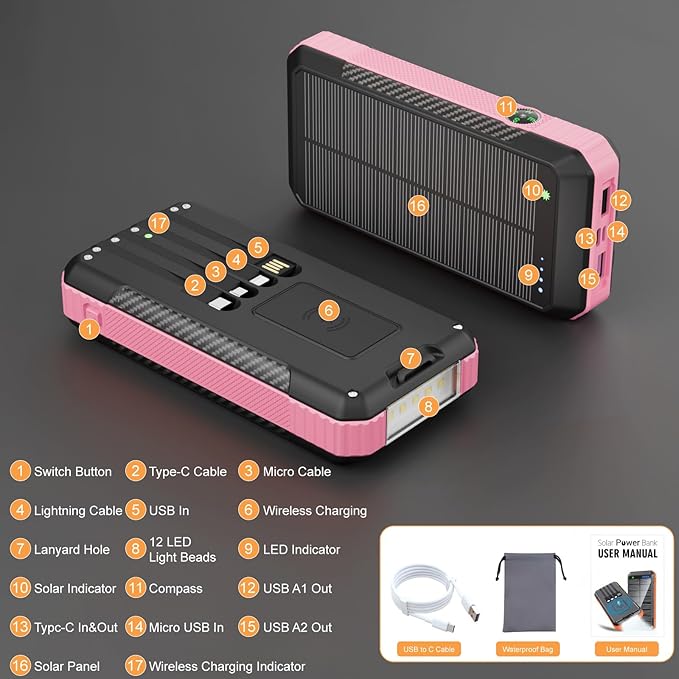 Solar Power Bank 33800mAh with Super Bright LED Flashlight, Built-in 4 Cables & - Image 7