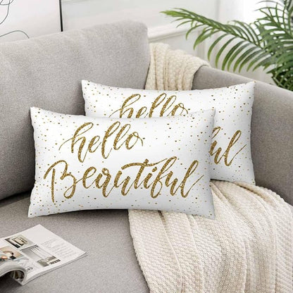 Hello Beautiful Bling Pillow Covers 12 X 20 Gold Glitter Motivational Quote Set - Image 5