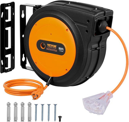 VEVOR Retractable Extension Cord Reel, 80 FT, Heavy Duty 12AWG/3C SJTOW by VEVOR