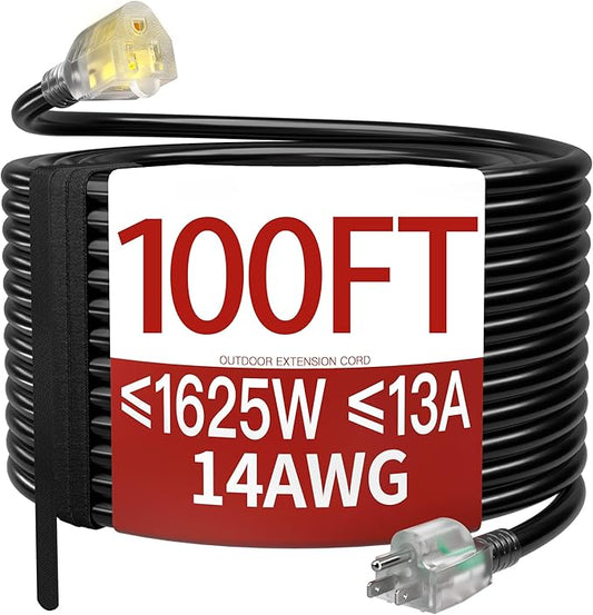 100 FT 14/3 Extension Cord Outdoor, Heavy Duty Weatherproof & Flame Retardant by Skrizcable