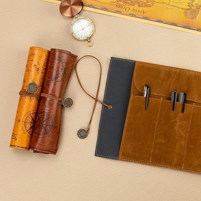 4 Pieces Leather Pencil Case, Creative Map Rollup Pencil Bag, Vintage Makeup - Image 4