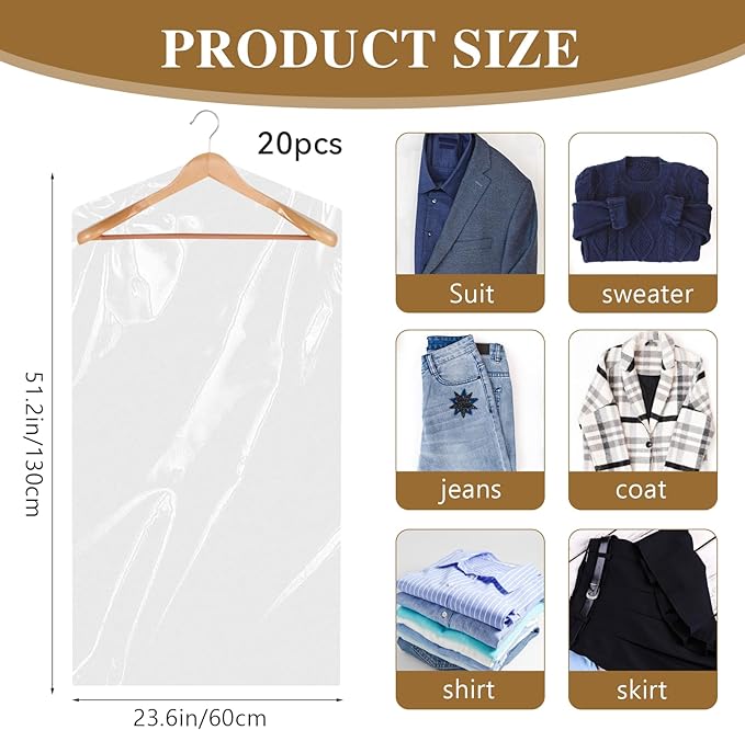20 Pack Plastic Garment Bags Clear Dress Covers - Image 3