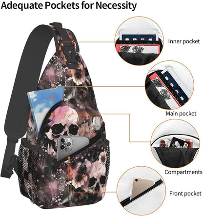 Flowers And Skulls Sling Bag For Women Men Halloween Backpack Crossbody Skull - Image 4