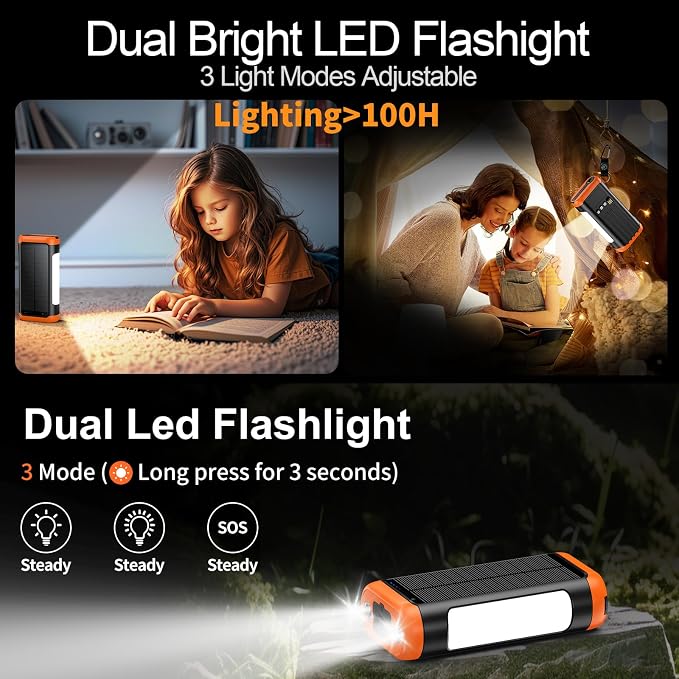 DJKK Solar Power Bank Portable Charger:66800mAh Built in Hand Crank and 3 - Image 4
