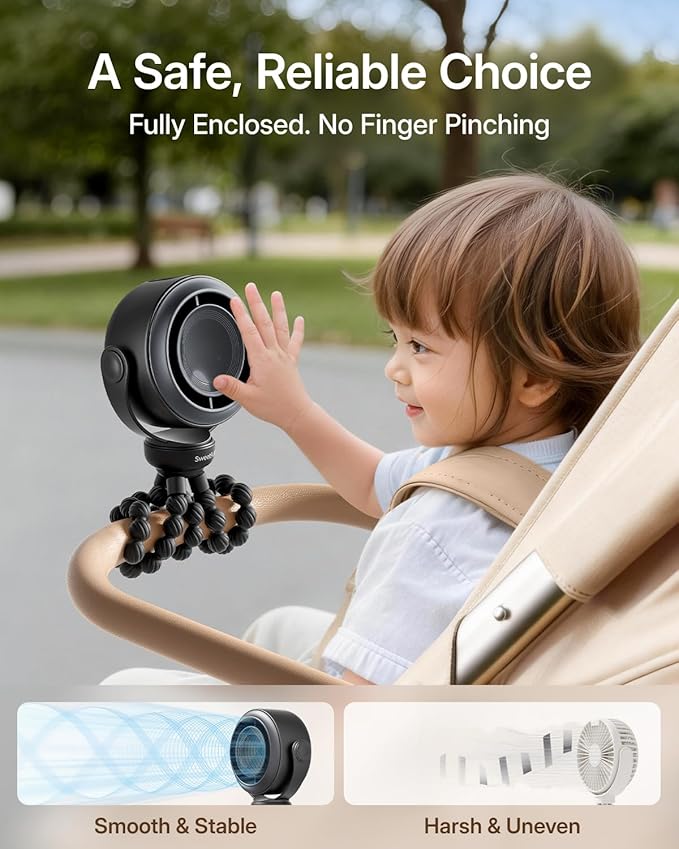 SWEETFULL Portable Stroller Fan, Pinch-Proof Baby Fan, 10H Battery, 5-Speed - Image 2