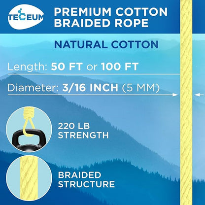 TECEUM Cotton Rope 3/16” – 50 FT – Strong All-Purpose Braided Rope – Natural - Image 2