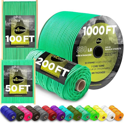 TECEUM Reflective Paracord Rope 1000 – 1000ft/200ft/100ft/50ft – 40+ Colors – by TECEUM
