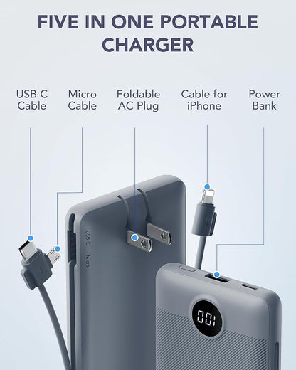 VRURC Portable Charger Built-in Cables and AC Wall Plug, USB C Power Bank - Image 2