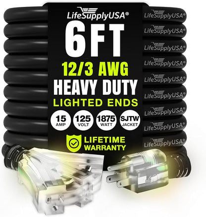 6ft Outdoor/Indoor Extension Cord 3-Outlet 12/3 Gauge Extra Heavy Duty 3 Prong by LifeSupplyUSA